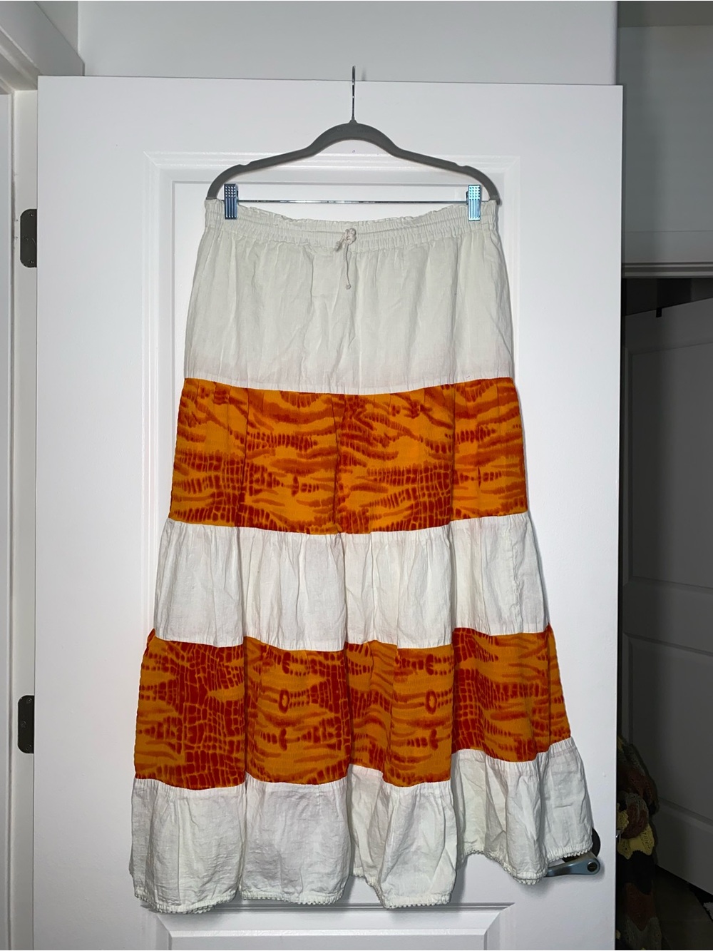 Tiered White and Orange Tie-Dye Maxi Skirt
